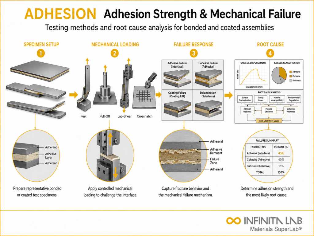 Infinita Engineering Visual showing Adhesion Strength Mechanical coating / adhesion / peel / bonding workflow for adhesion strength & mechanical failure: testing methods & root cause analysis.