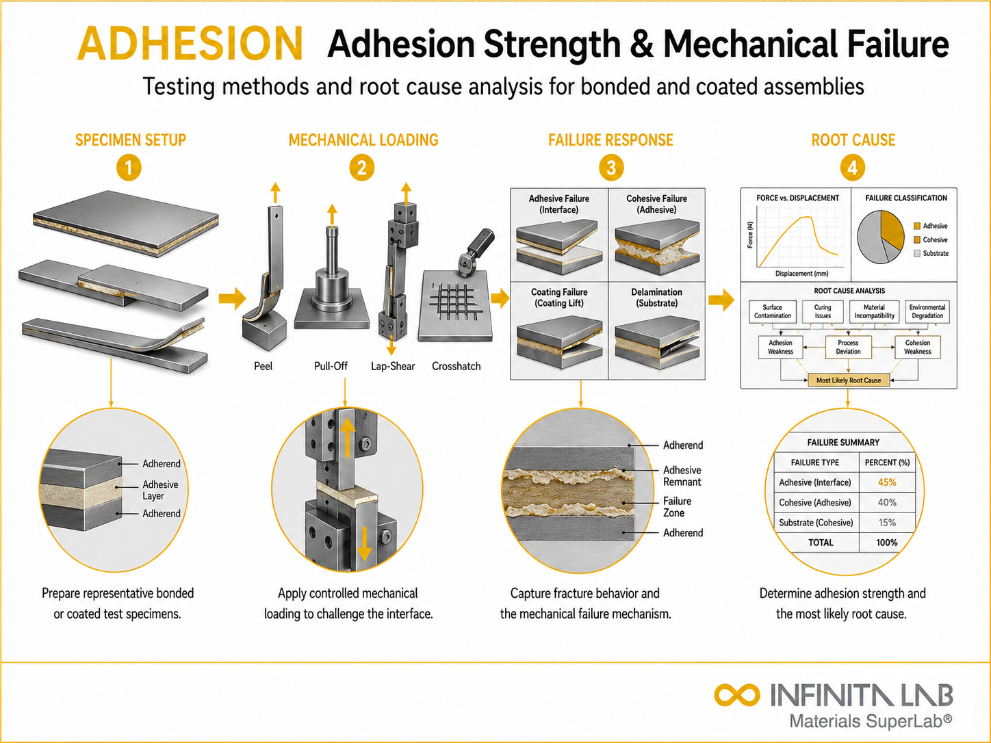 Infinita Engineering Visual showing Adhesion Strength Mechanical coating / adhesion / peel / bonding workflow for adhesion strength & mechanical failure: testing methods & root cause analysis.