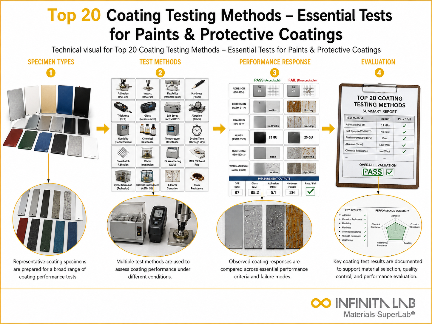 Infinita Engineering Visual showing Top 20 Coating coating / film / surface layer workflow for top 20 coating testing methods – essential tests for paints & protective coatings.