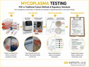 Infinita Engineering Visual showing Mycoplasma Testing Pcr general testing / industry guide workflow for mycoplasma testing: pcr vs traditional culture methods & regulatory standards.