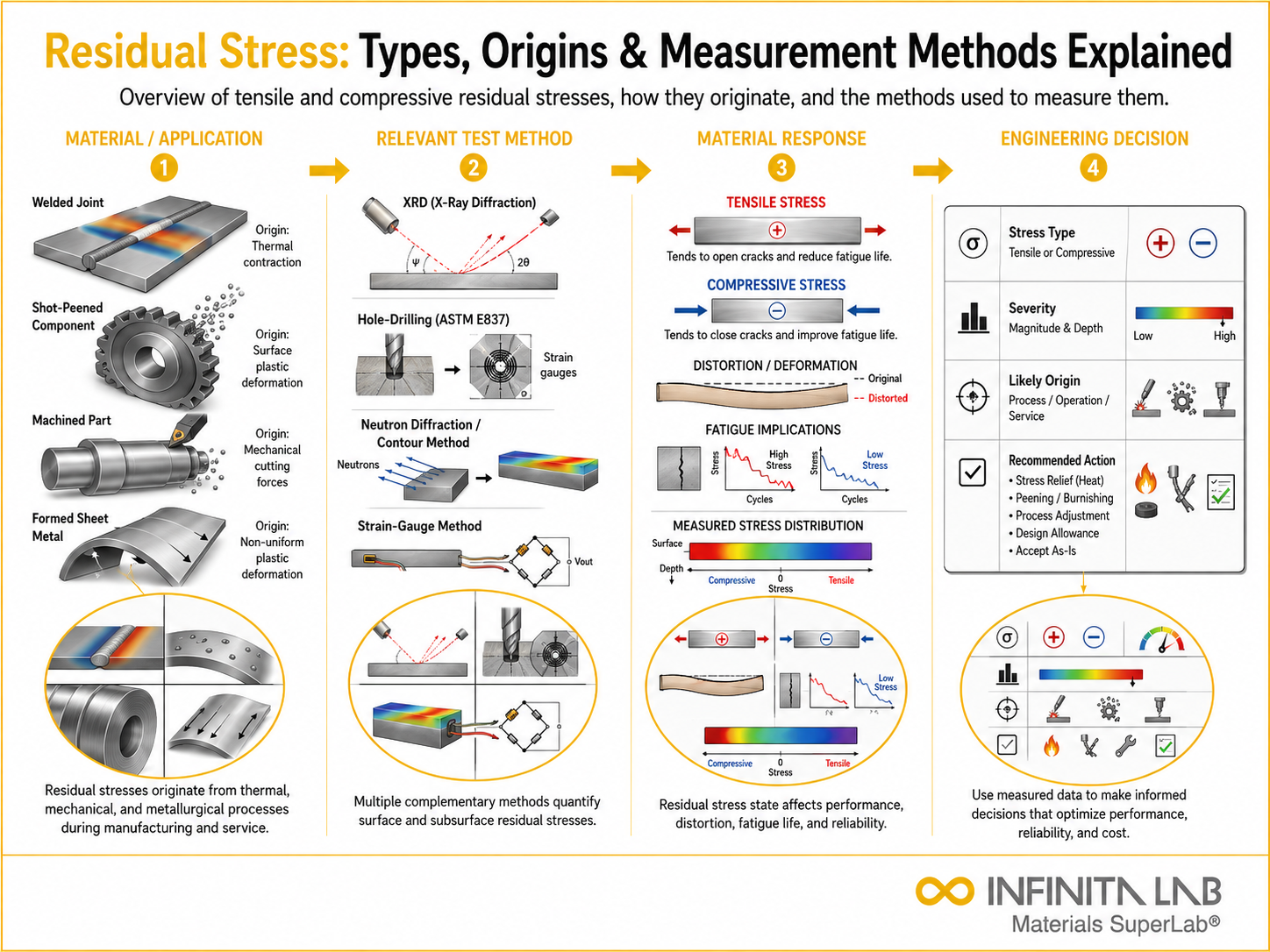 Infinita Engineering Visual showing Residual Stress Types general testing / industry guide workflow for residual stress: types, origins & measurement methods explained.