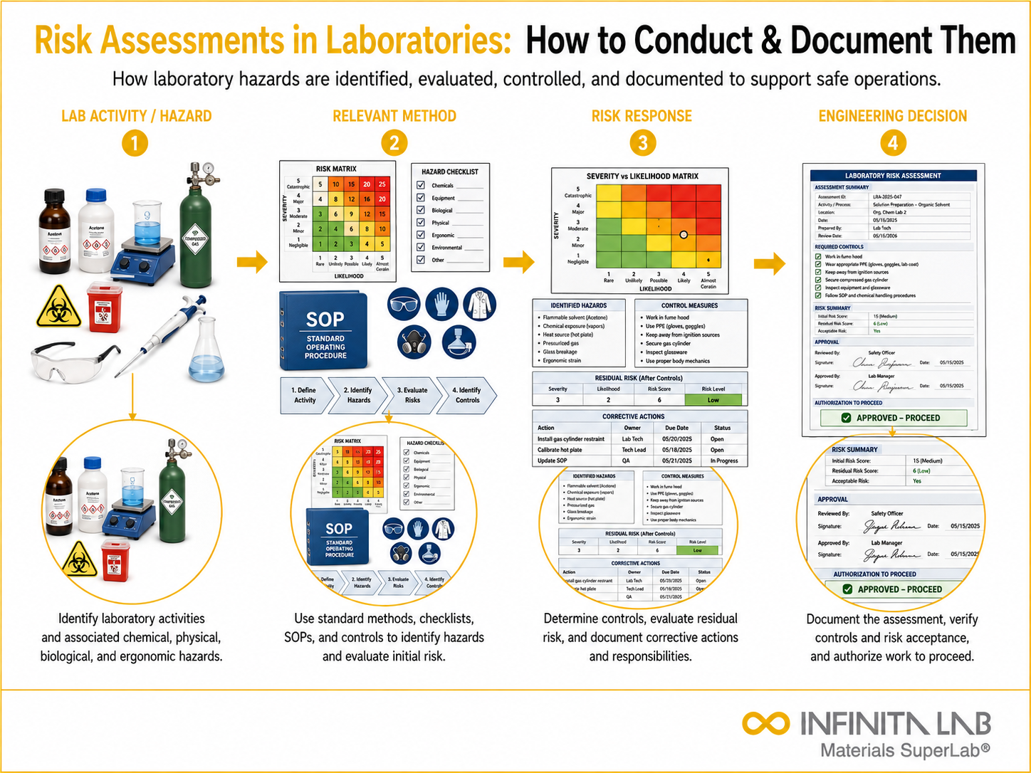 Infinita Engineering Visual showing Risk Assessments In general testing / industry guide workflow for risk assessments in laboratories: how to conduct & document them.