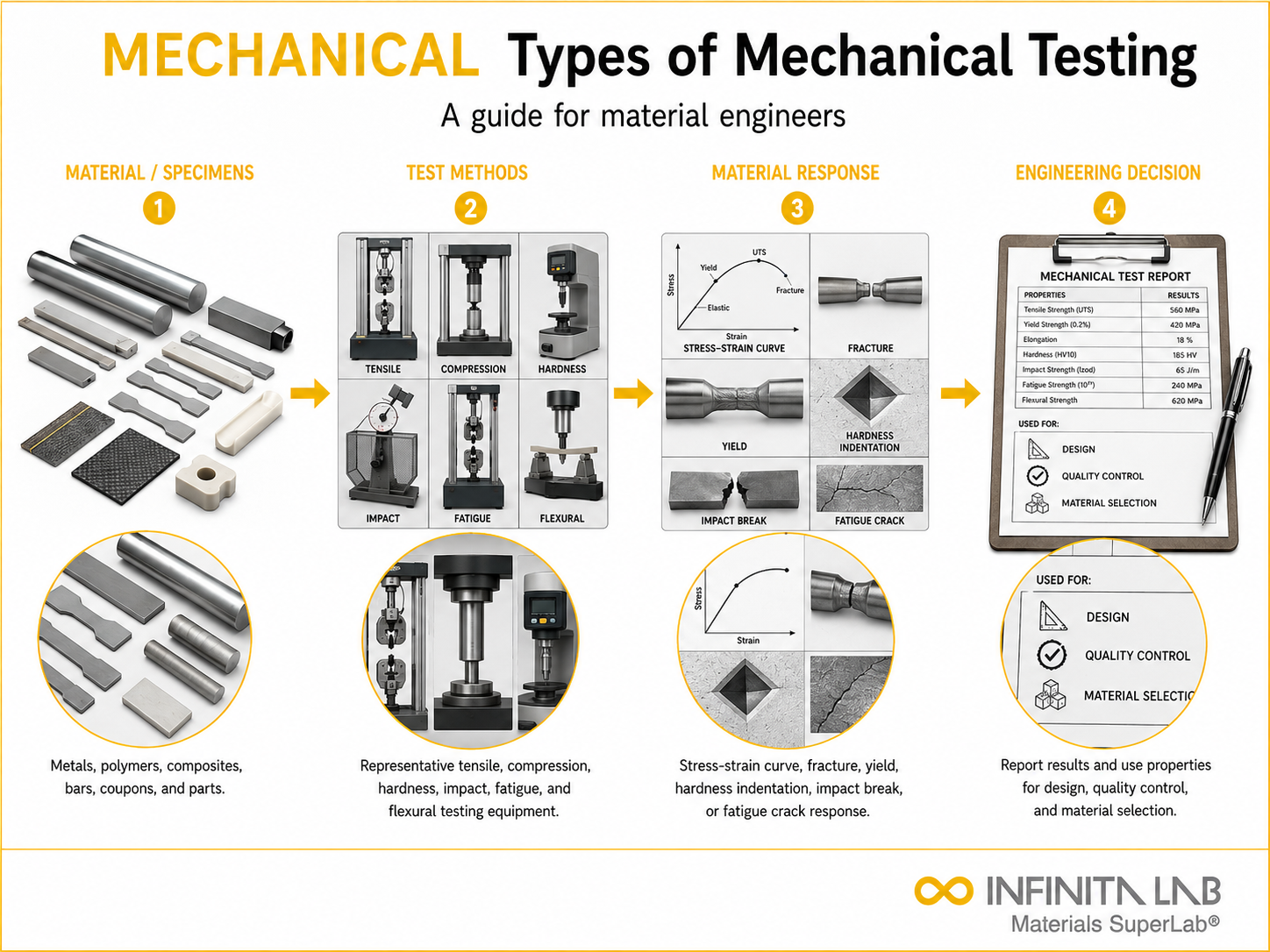 Infinita Engineering Visual showing Types Of Mechanical general testing / industry guide workflow for types of mechanical testing: a complete guide for material engineers.