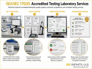 Infinita Engineering Visual showing IEC 17025 ACCREDITED general testing / industry guide workflow for iso/iec 17025 accredited testing laboratory services.
