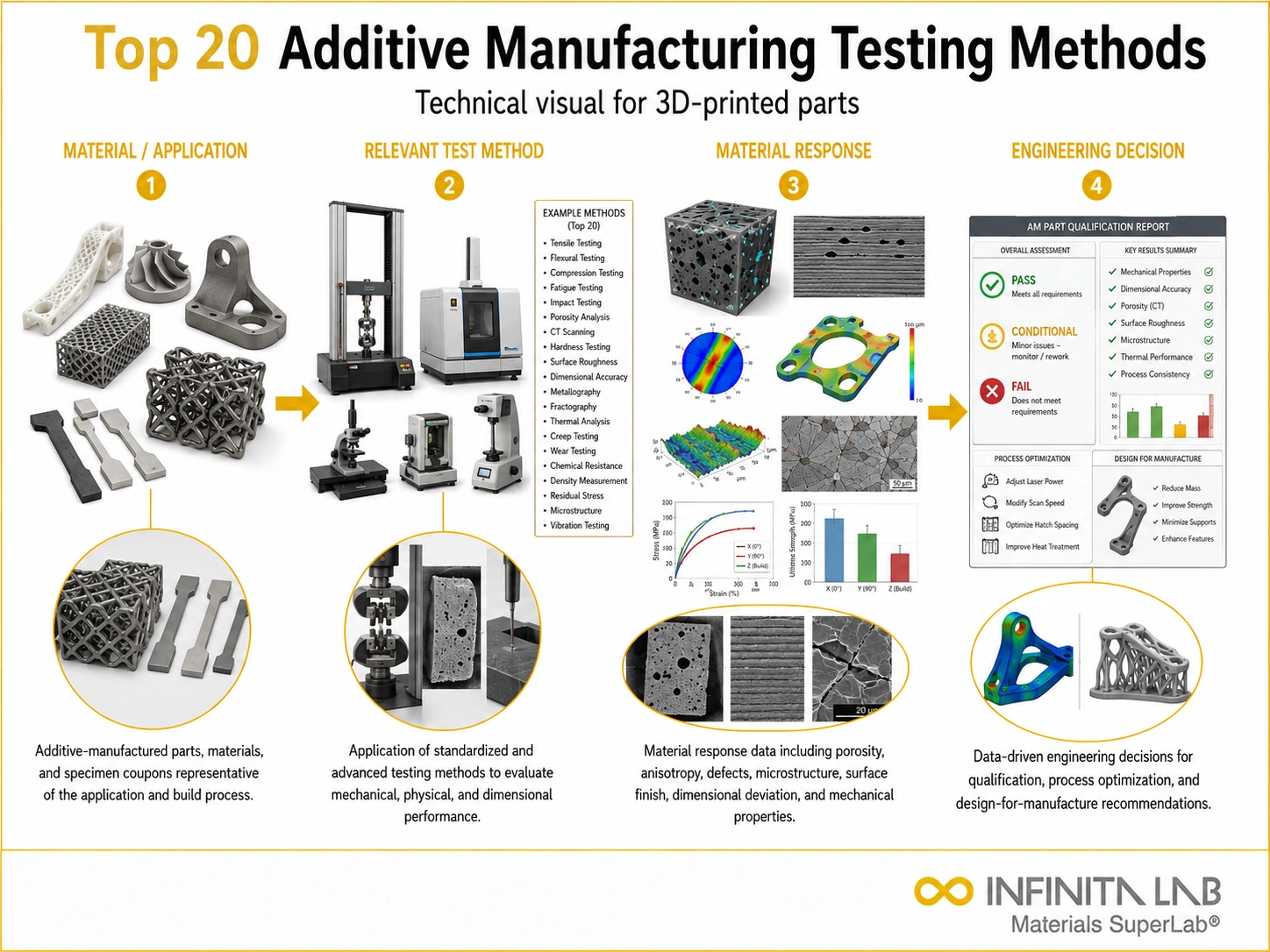 Infinita Engineering Visual showing Top 20 Additive general testing / industry guide workflow for top 20 additive manufacturing testing methods for 3d-printed parts.