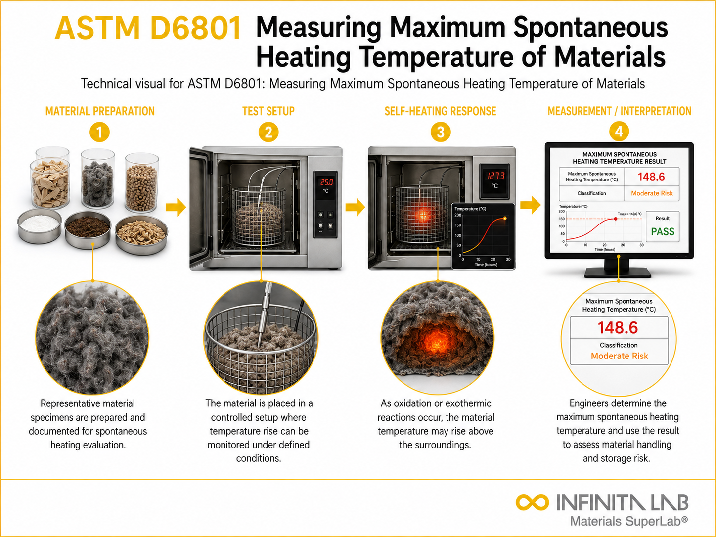 Infinita Engineering Visual showing ASTM D6801 microscopy / imaging workflow for astm d6801: measuring maximum spontaneous heating temperature of materials.