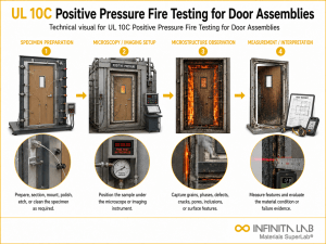 Infinita Engineering Visual showing UL 10C POSITIVE microscopy / imaging workflow for ul 10c positive pressure fire testing for door assemblies.
