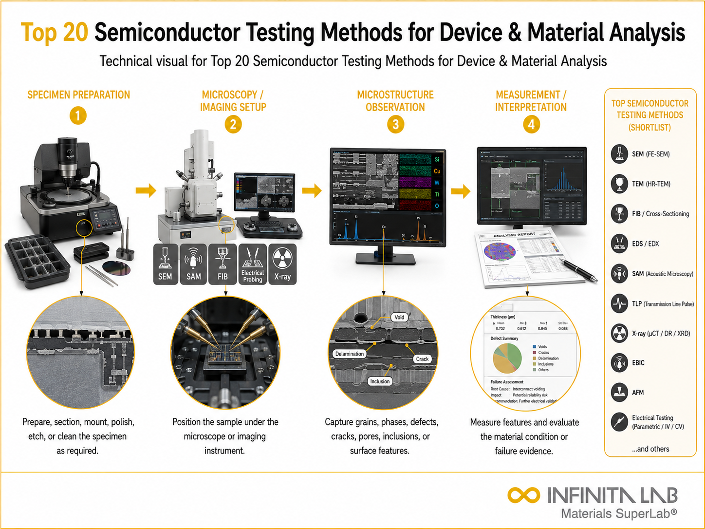 Infinita Engineering Visual showing Top 20 Semiconductor microscopy / imaging workflow for top 20 semiconductor testing methods for device & material analysis.