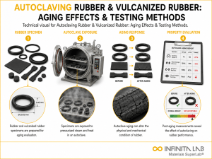 Infinita Engineering Visual showing Autoclaving Rubber Vulcanized rubber / elastomer workflow for autoclaving rubber & vulcanized rubber: aging effects & testing methods.
