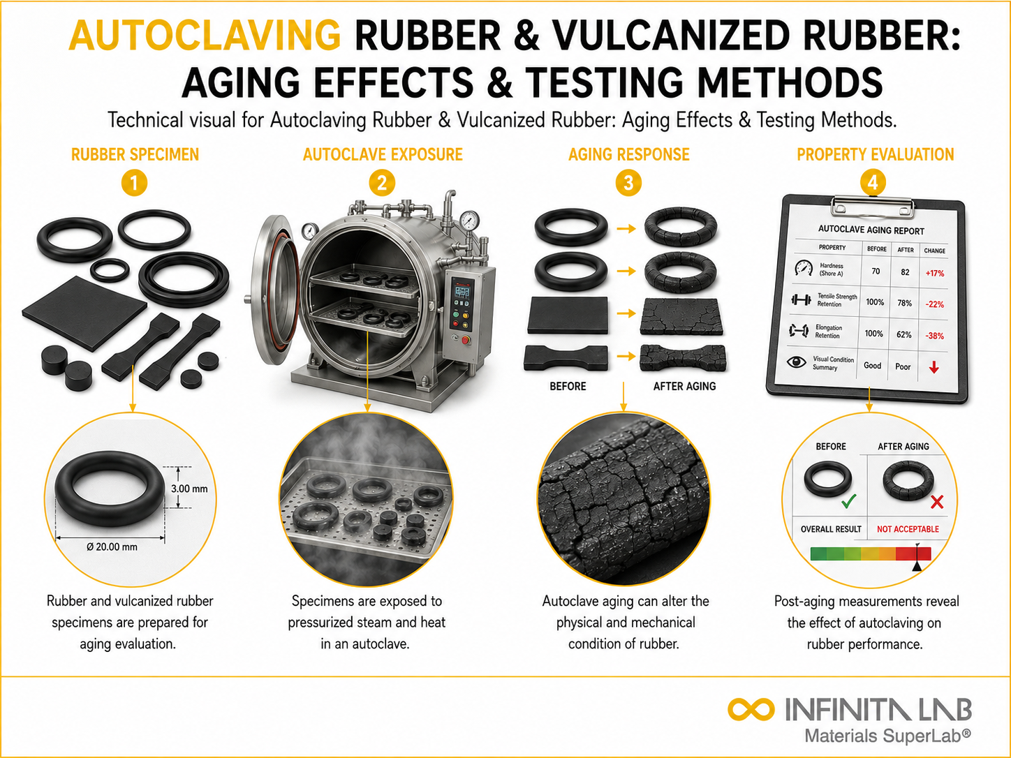 Infinita Engineering Visual showing Autoclaving Rubber Vulcanized rubber / elastomer workflow for autoclaving rubber & vulcanized rubber: aging effects & testing methods.