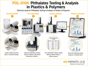 Infinita Engineering Visual showing Phthalates Testing Analysis polymer / plastics material properties workflow for phthalates testing & analysis in plastics & polymers.