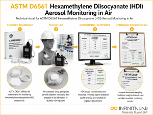 Infinita Engineering Visual showing ASTM D6561 HEXAMETHYLENE standard overview / compliance workflow for astm d6561 hexamethylene diisocyanate (hdi) aerosol monitoring in air.