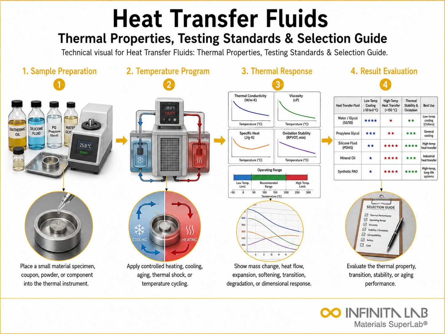 Infinita Engineering Visual showing Heat Transfer Fluids thermal analysis / heat testing workflow for heat transfer fluids: thermal properties, testing standards & selection guide.