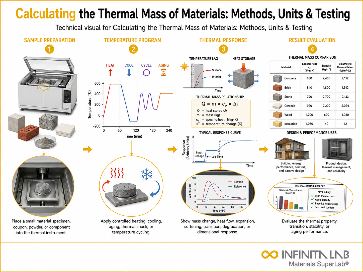 Infinita Engineering Visual showing Calculating The Thermal thermal analysis / heat testing workflow for calculating the thermal mass of materials: methods, units & testing.