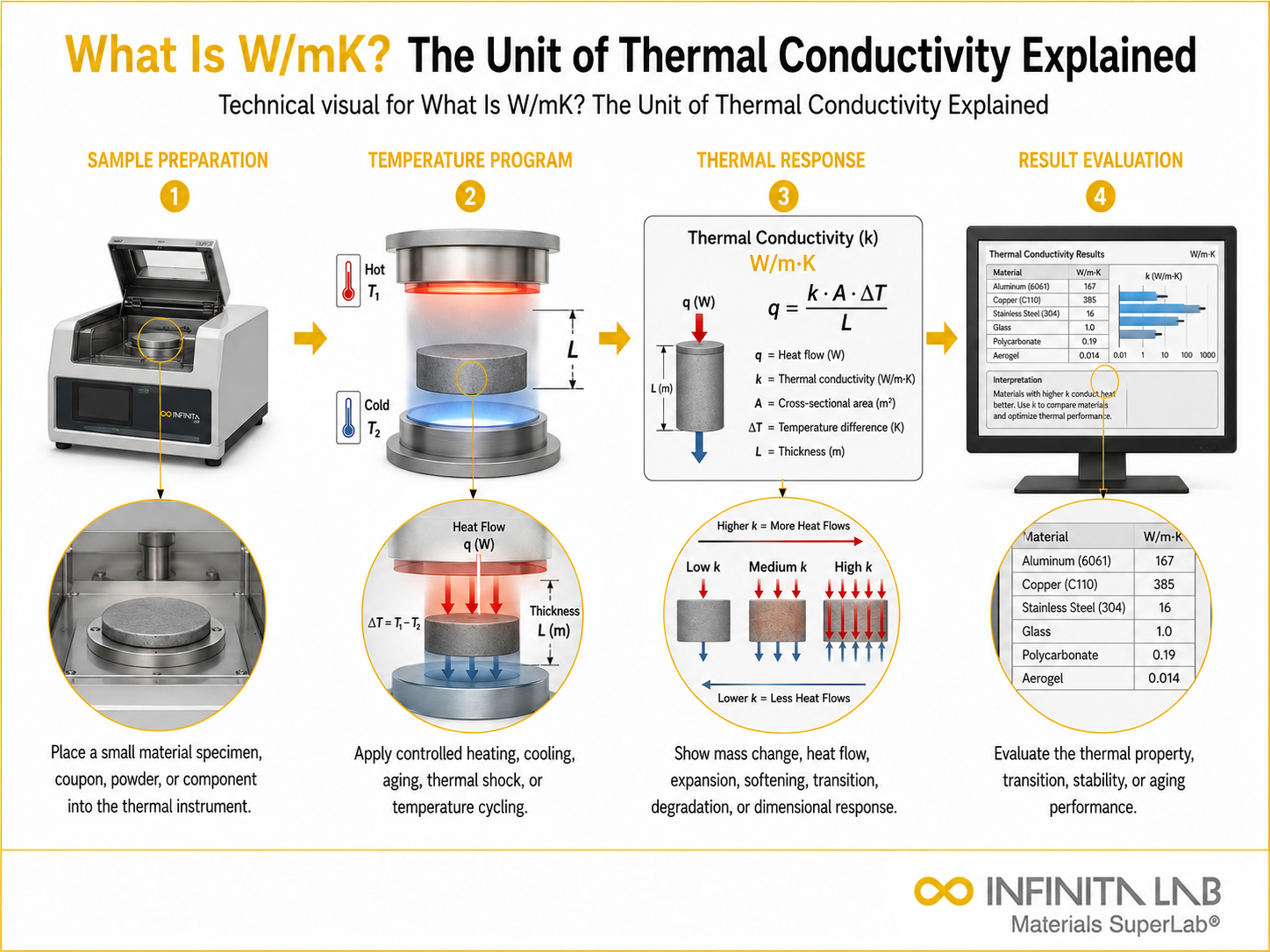Infinita Engineering Visual showing What Is W thermal properties workflow for what is w/mk? the unit of thermal conductivity explained.