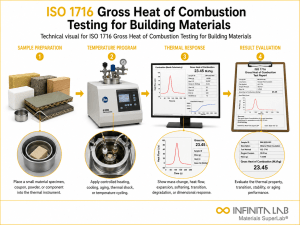 Infinita Engineering Visual showing ISO 1716 GROSS thermal analysis / heat testing workflow for iso 1716 gross heat of combustion testing for building materials.