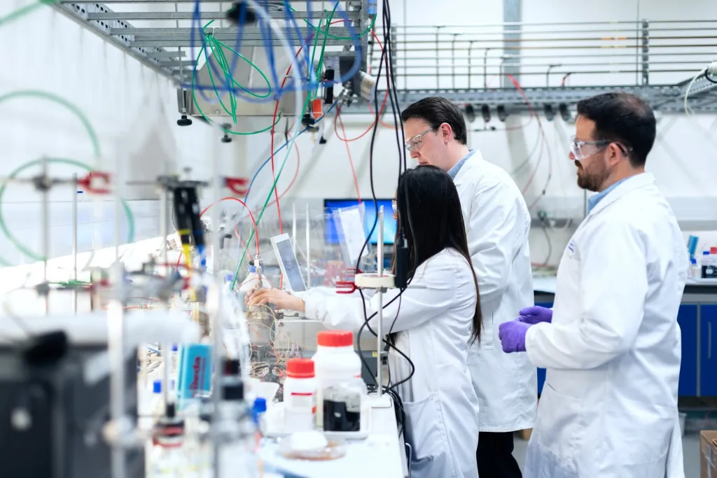 Thermal conductivity testing of EV battery cooling plate in a laboratory setting.