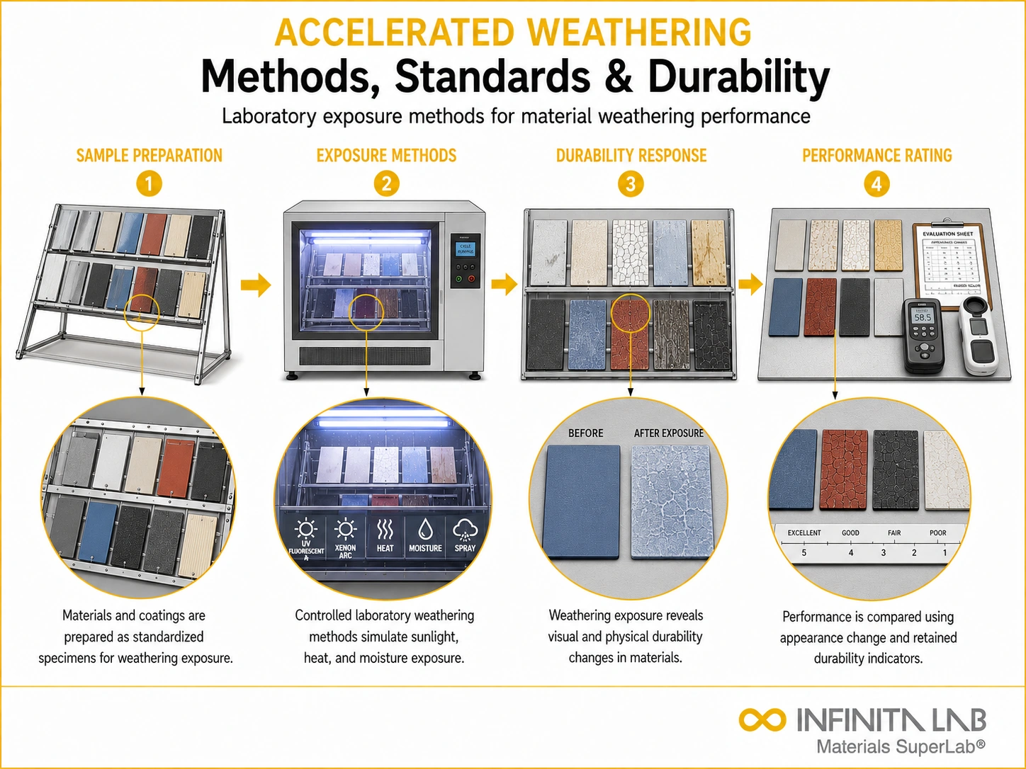Infinita Engineering Visual showing Accelerated Weathering Testing uv / weathering exposure workflow for accelerated weathering testing: methods, standards & material durability.