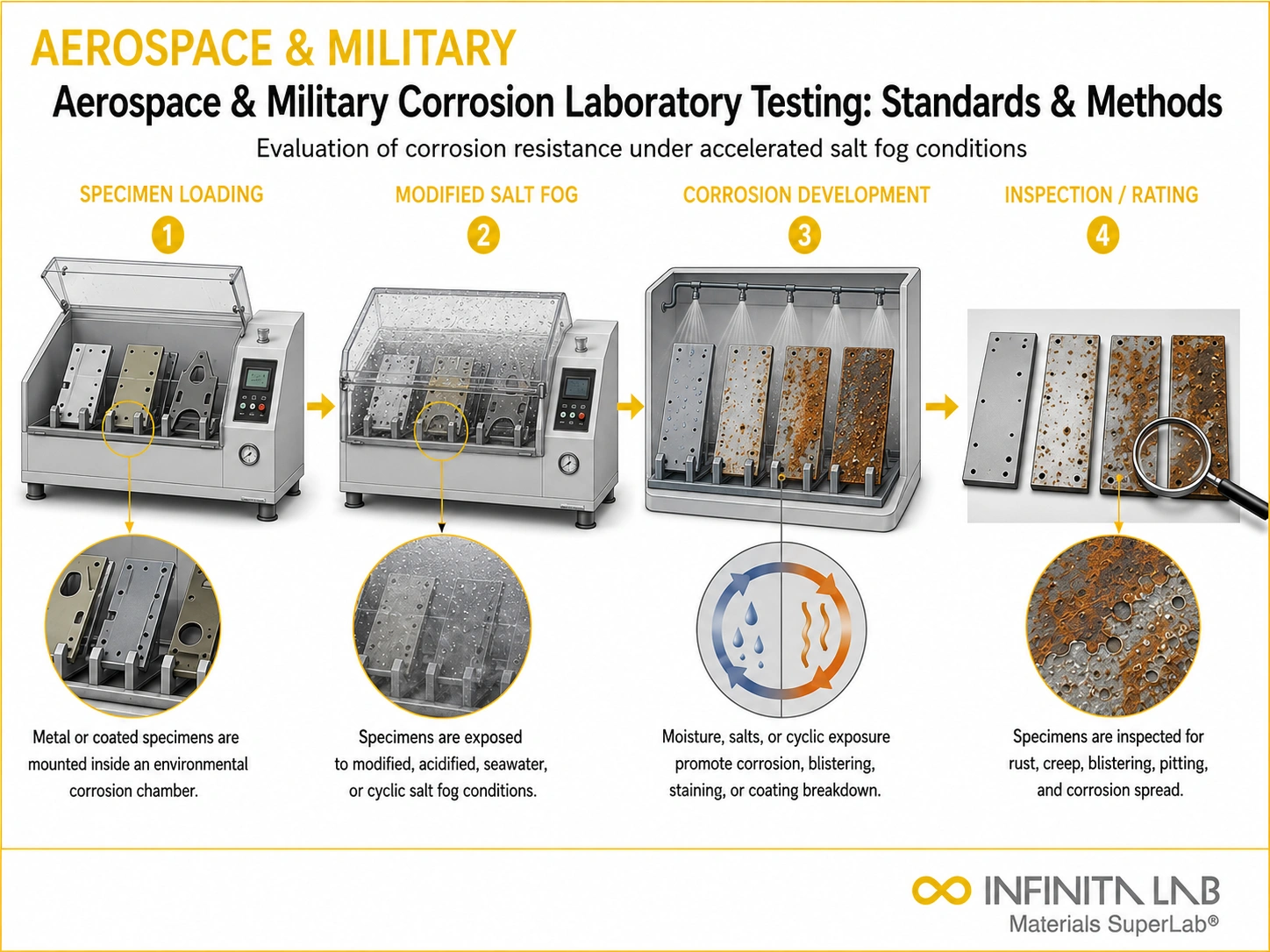 Four-step Infinita Engineering Visual showing aerospace & military corrosion laboratory testing: standards & methods with specimen loading, modified salt fog, corrosion development, and inspection / rating.