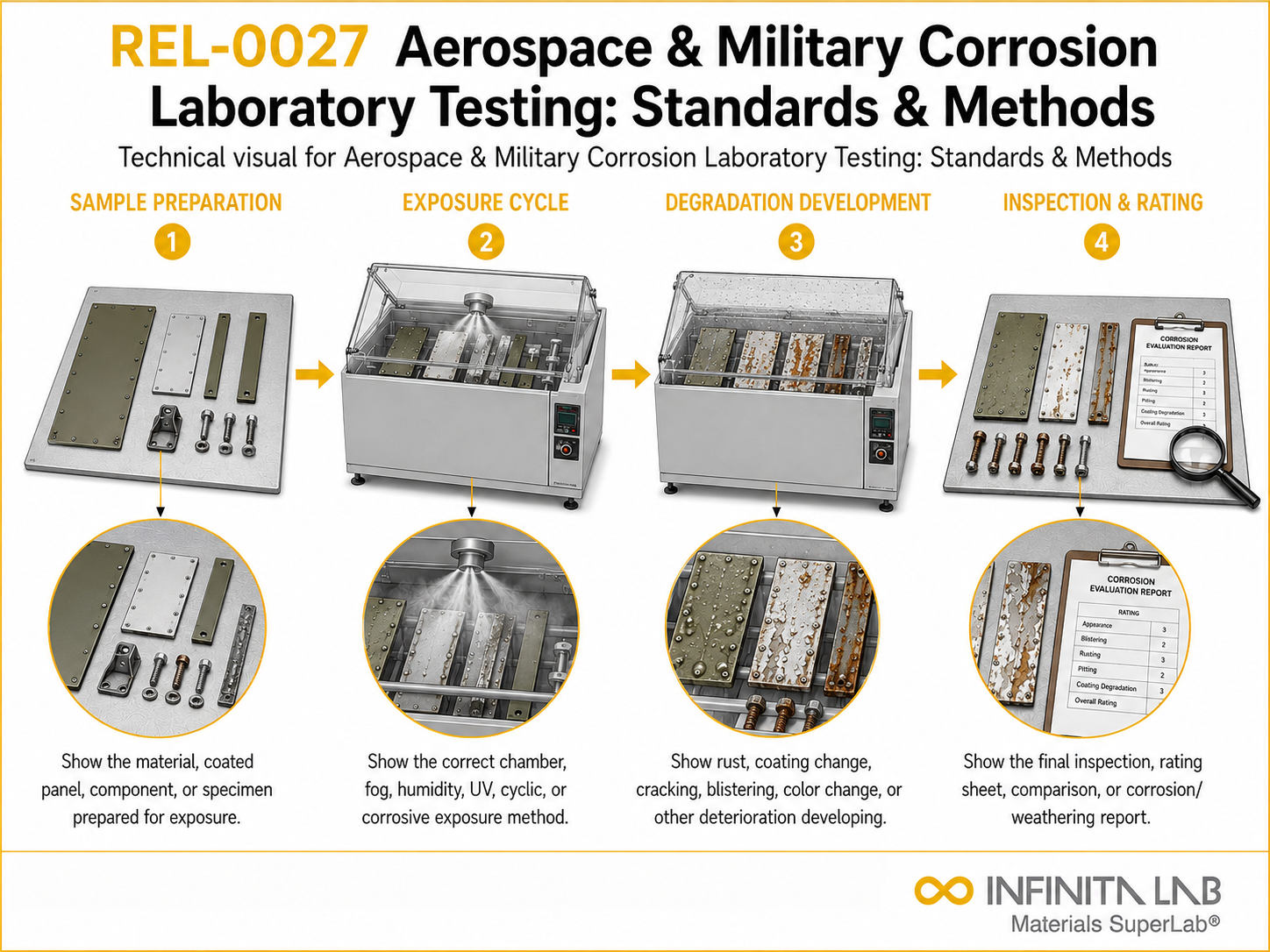 Infinita Engineering Visual showing Aerospace & Military Corrosion Laboratory Testing: Standards & Methods corrosion / weathering / durability workflow.