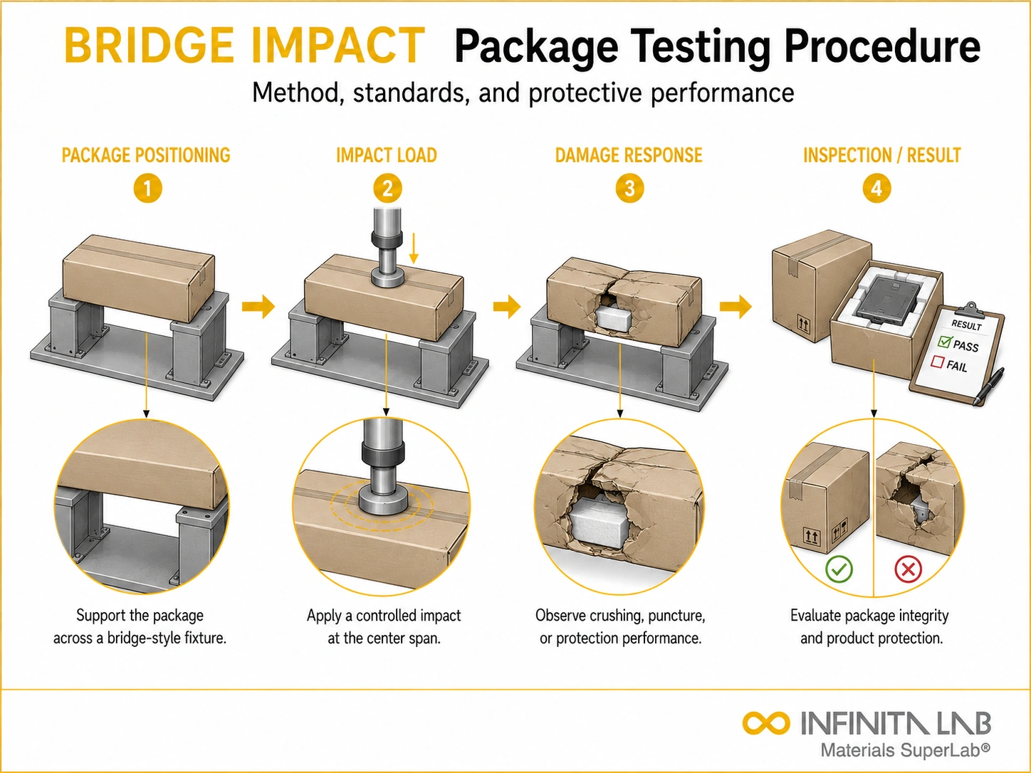 Infinita Engineering Visual showing Bridge Impact Package packaging material / package integrity workflow for bridge impact package testing: method, standards & protective performance.