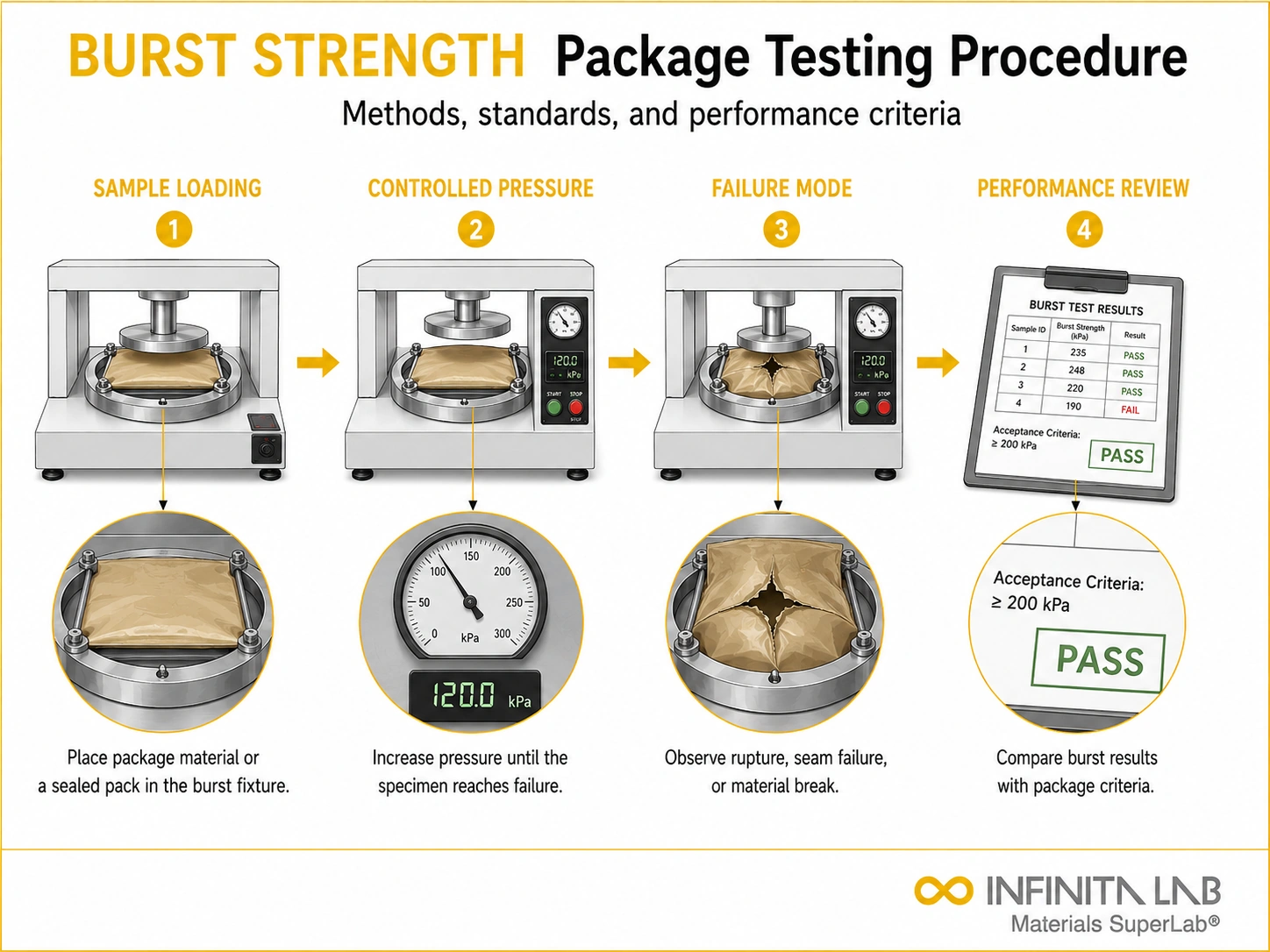 Infinita Engineering Visual showing Burst Strength Package packaging material / package integrity workflow for burst strength package testing: methods, standards & performance criteria.