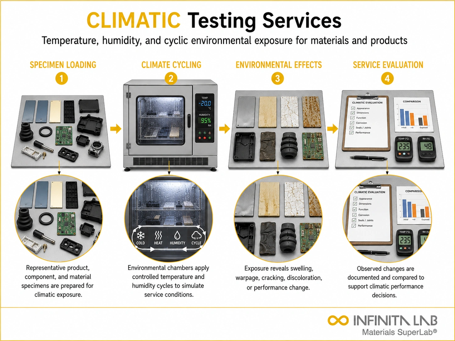 Infinita Engineering Visual showing Climatic Testing Services humidity / climatic / reliability exposure workflow for climatic testing services.