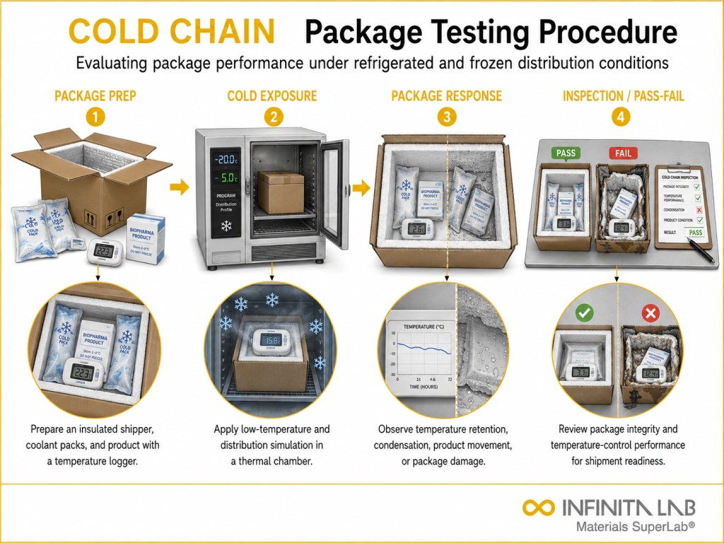 Infinita Engineering Visual showing Cold Chain Package packaging material / package integrity workflow for cold chain package testing.