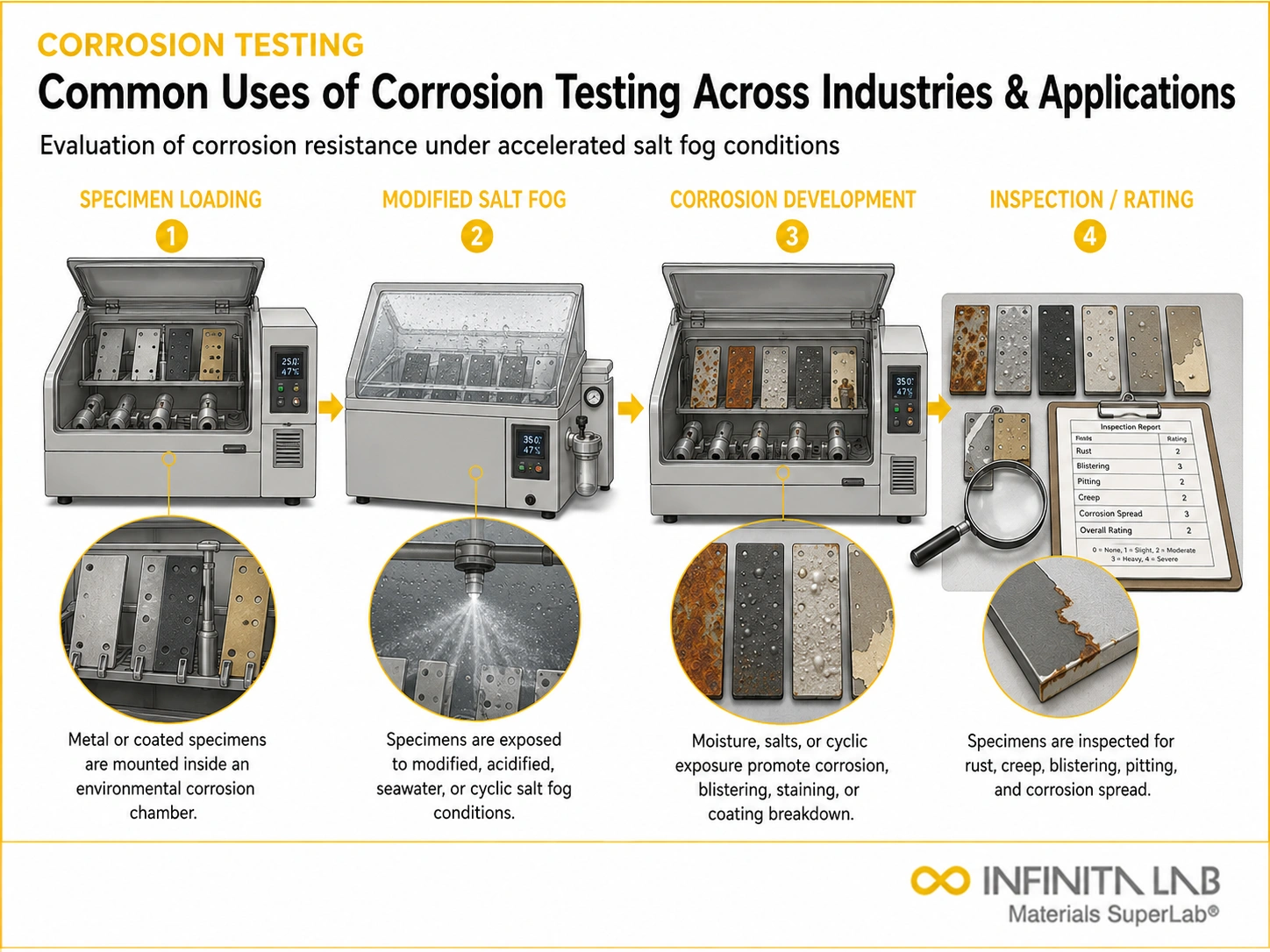 Four-step Infinita Engineering Visual showing common uses of corrosion testing across industries & applications with specimen loading, modified salt fog, corrosion development, and inspection / rating.