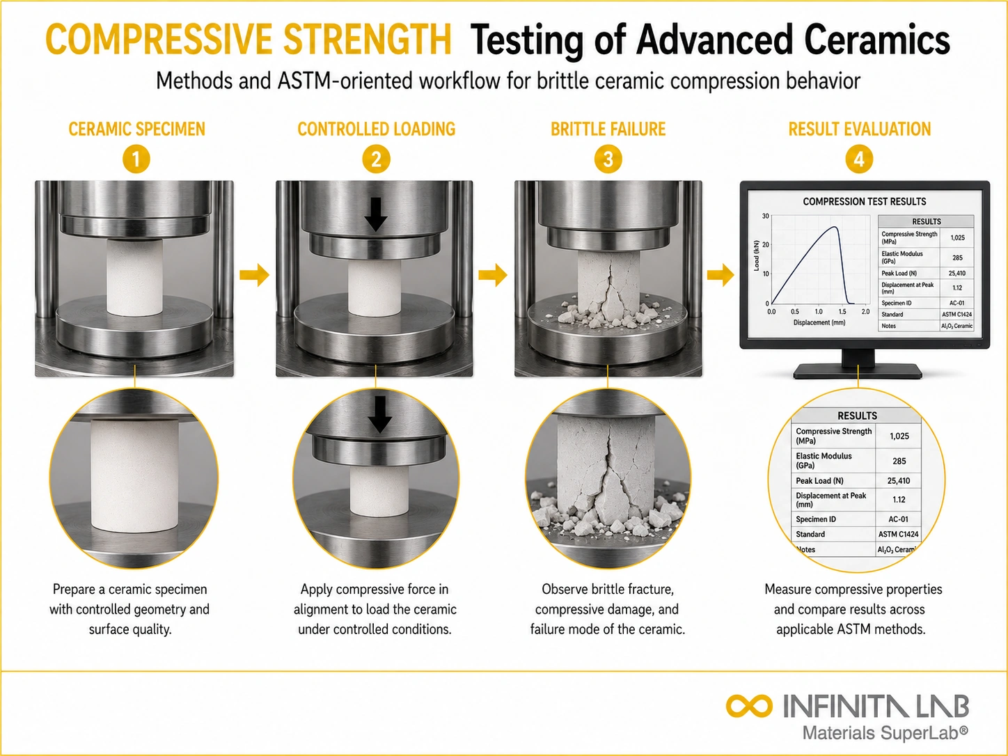 Infinita Engineering Visual showing Compressive Strength Testing compression / shear / creep workflow for compressive strength testing of advanced ceramics: methods & astm standards.