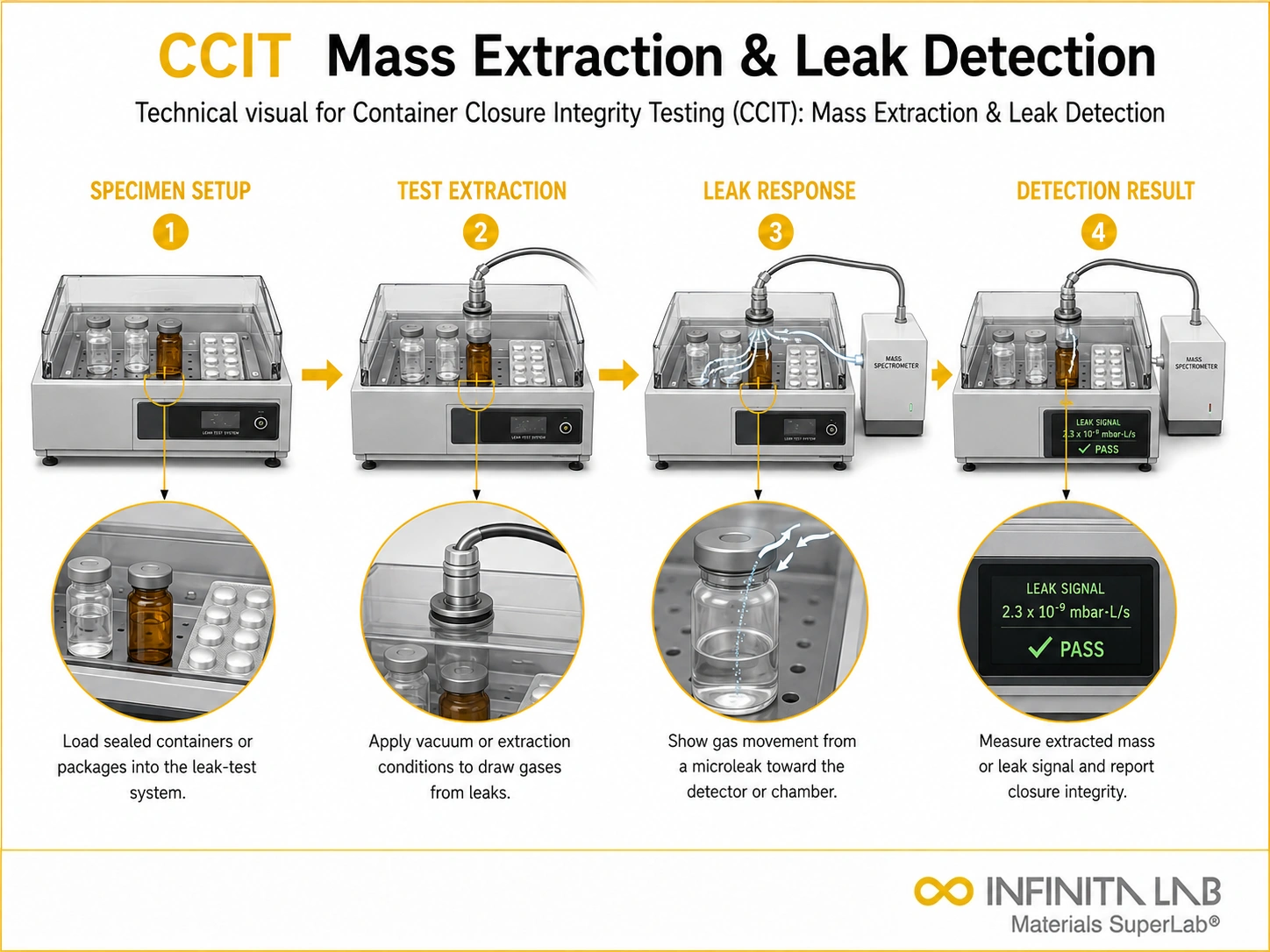 Infinita Engineering Visual showing Container Closure Integrity container closure / dye immersion / ingress workflow for container closure integrity: dye immersion & bacterial ingress testing.