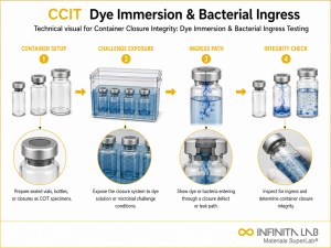 Infinita Engineering Visual showing Container Closure Integrity leak / seal integrity workflow for container closure integrity testing (ccit): mass extraction & leak detection.