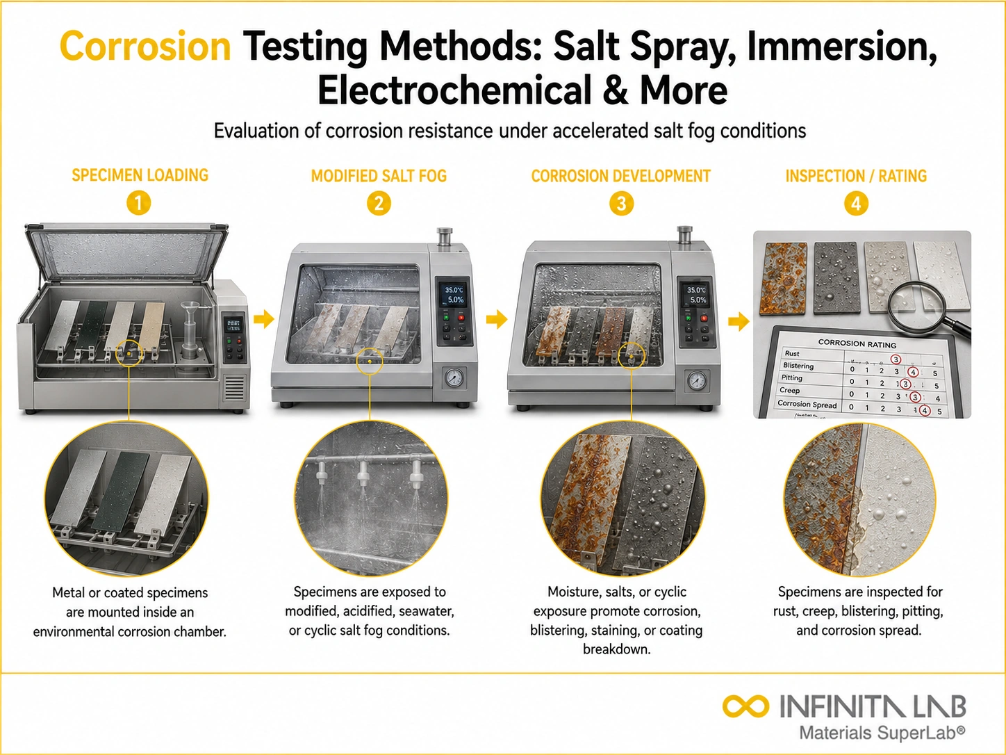 Four-step Infinita Engineering Visual showing corrosion testing methods: salt spray, immersion, electrochemical & more with specimen loading, modified salt fog, corrosion development, and inspection / rating.