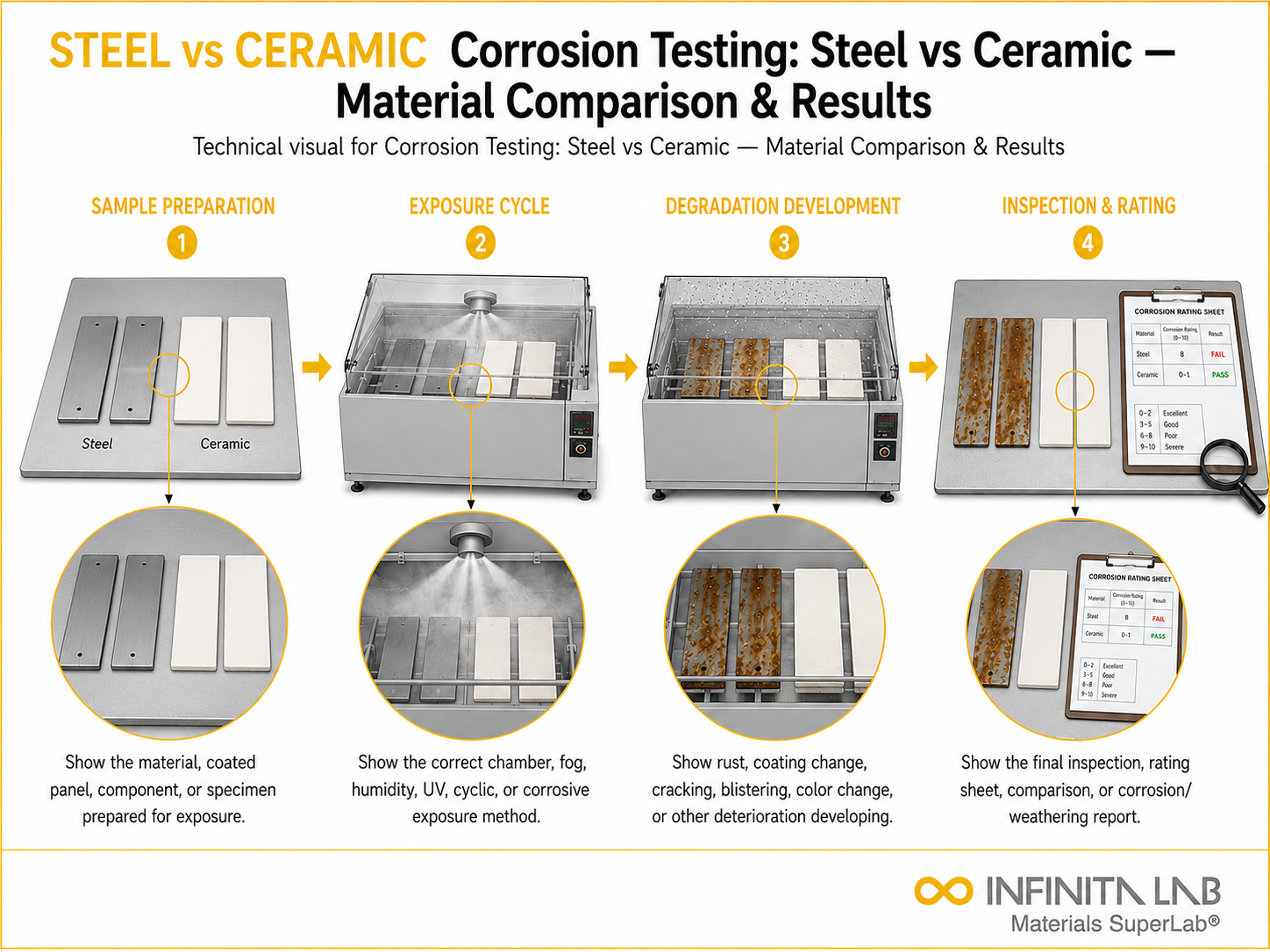 Infinita Engineering Visual showing Corrosion Testing: Steel vs Ceramic — Material Comparison & Results corrosion / weathering / durability workflow.