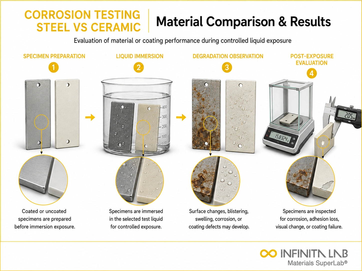 Four-step Infinita Engineering Visual showing corrosion testing: steel vs ceramic — material comparison & results with specimen preparation, liquid immersion, degradation observation, and post-exposure evaluation.