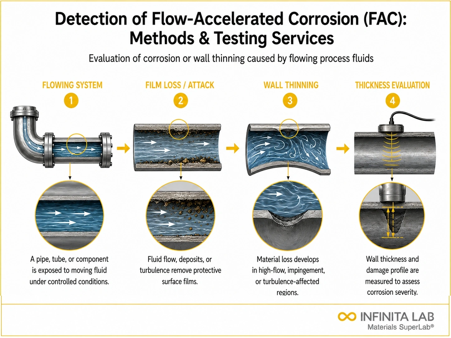 Four-step Infinita Engineering Visual showing detection of flow-accelerated corrosion (fac): methods & testing services with flowing system, film loss / attack, wall thinning, and thickness evaluation.