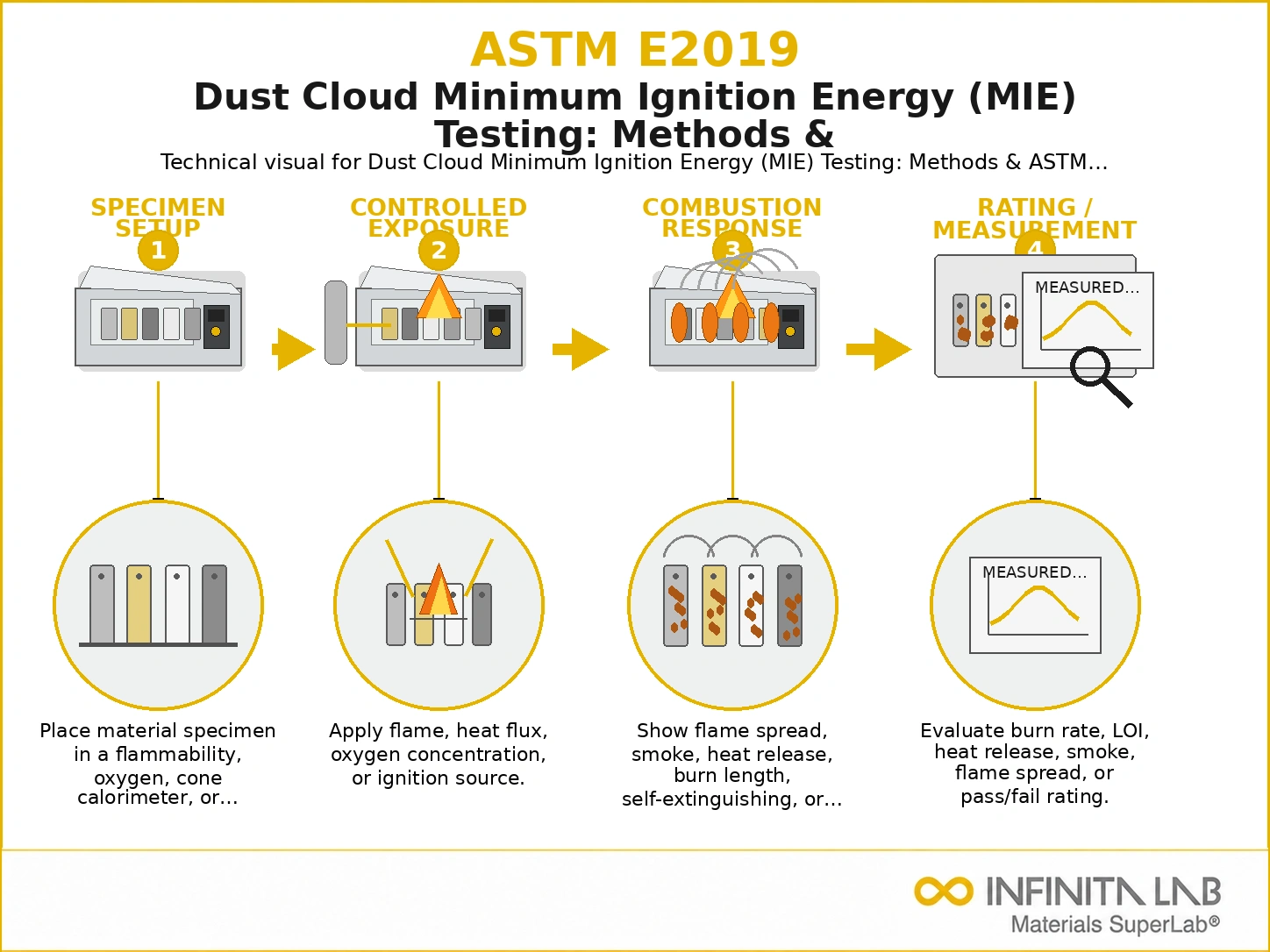 Infinita Engineering Visual showing ASTM E2019 combustible dust / loc / explosion workflow for dust cloud minimum ignition energy (mie) testing: methods & astm e2019.