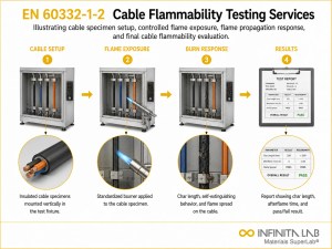 Infinita Engineering Visual showing EN 60332-1-2 CABLE fire / flammability / combustion workflow for en 60332-1-2 cable flammability testing services.