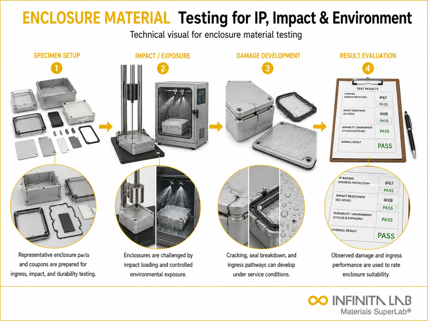 Infinita Engineering Visual showing Enclosure Material Testing impact testing workflow for enclosure material testing: ip rating, impact resistance & environmental testing.