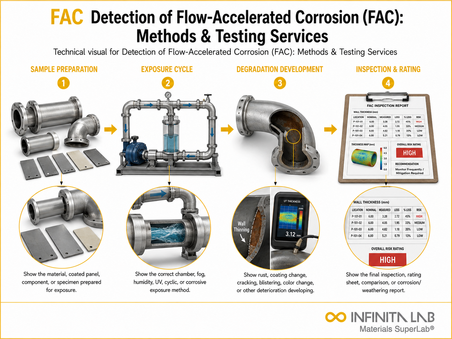 Infinita Engineering Visual showing Detection of Flow-Accelerated Corrosion (FAC): Methods & Testing Services corrosion / weathering / durability workflow.