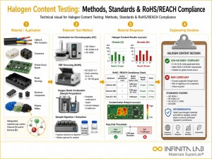 Infinita Engineering Visual showing Halogen Content Testing general testing / industry guide workflow for halogen content testing: methods, standards & rohs/reach compliance.