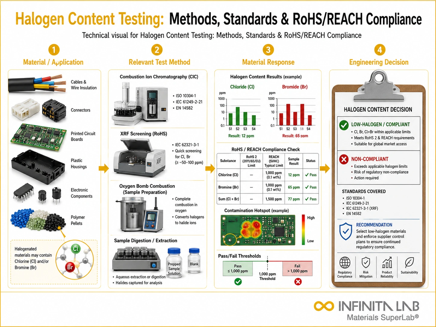 Infinita Engineering Visual showing Halogen Content Testing general testing / industry guide workflow for halogen content testing: methods, standards & rohs/reach compliance.
