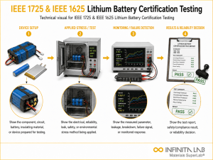 Infinita Engineering Visual showing IEEE 1725 & IEEE 1625 Lithium Battery Certification Testing electrical / electronics reliability workflow.