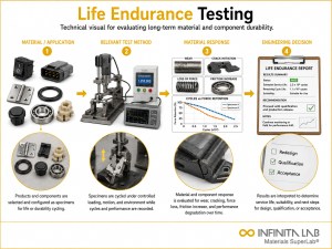 Infinita Engineering Visual showing Life Endurance Testing general technical visual / needs light review workflow for life endurance testing: evaluating long-term material & component durability.