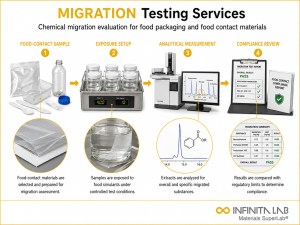 Infinita Engineering Visual showing Migration Testing Services general testing / industry guide workflow for migration testing services for food contact materials.