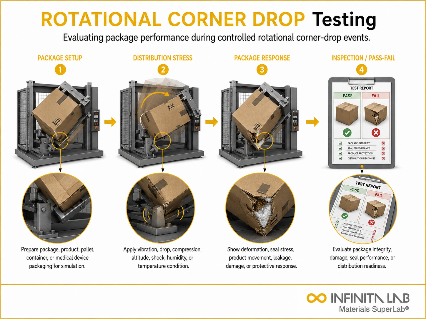Infinita Engineering Visual showing Rotational Corner Drop transport / distribution simulation workflow for rotational corner drop testing.