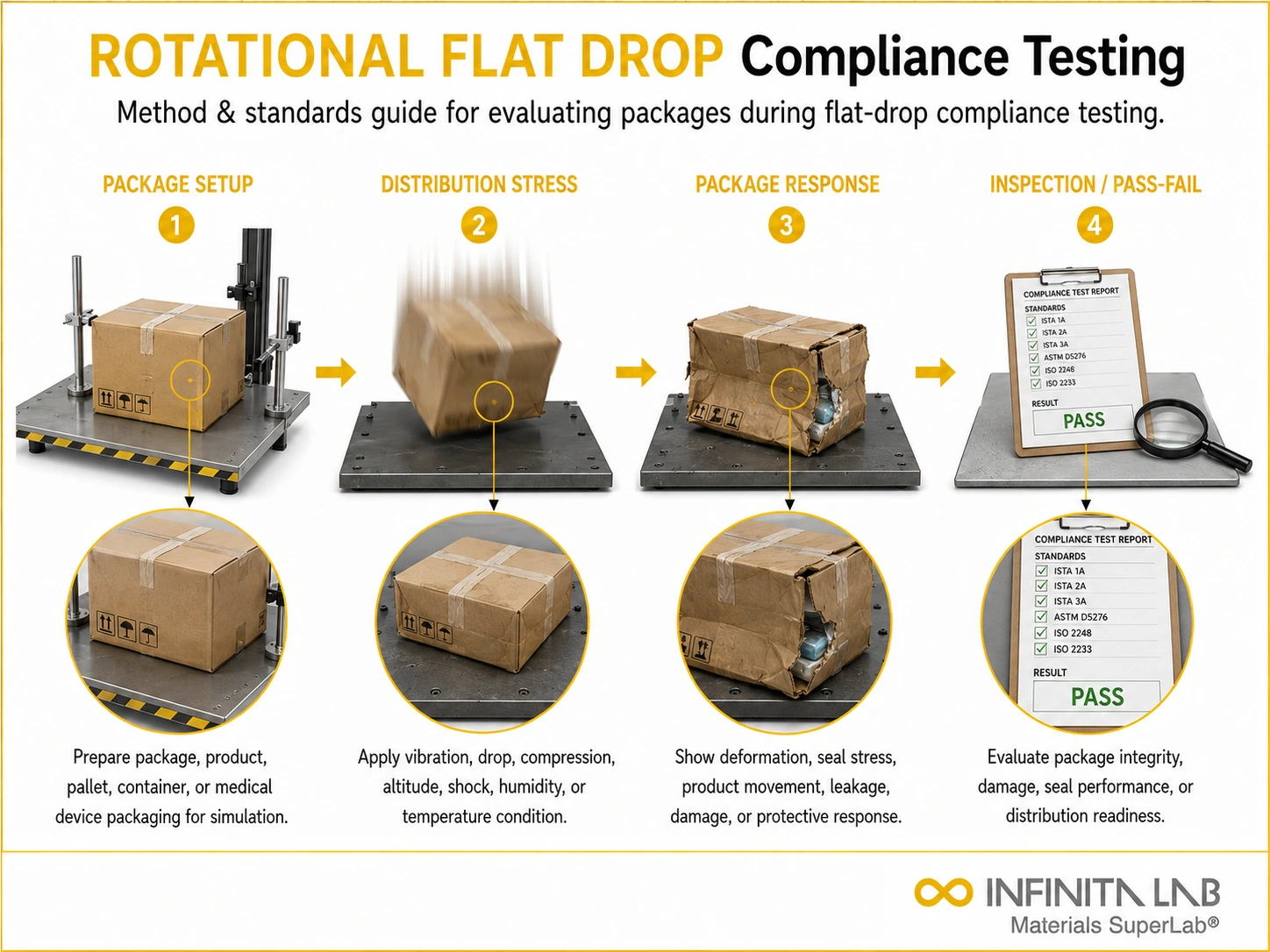 Infinita Engineering Visual showing Rotational Flat Drop transport / distribution simulation workflow for rotational flat drop compliance testing: method & standards guide.