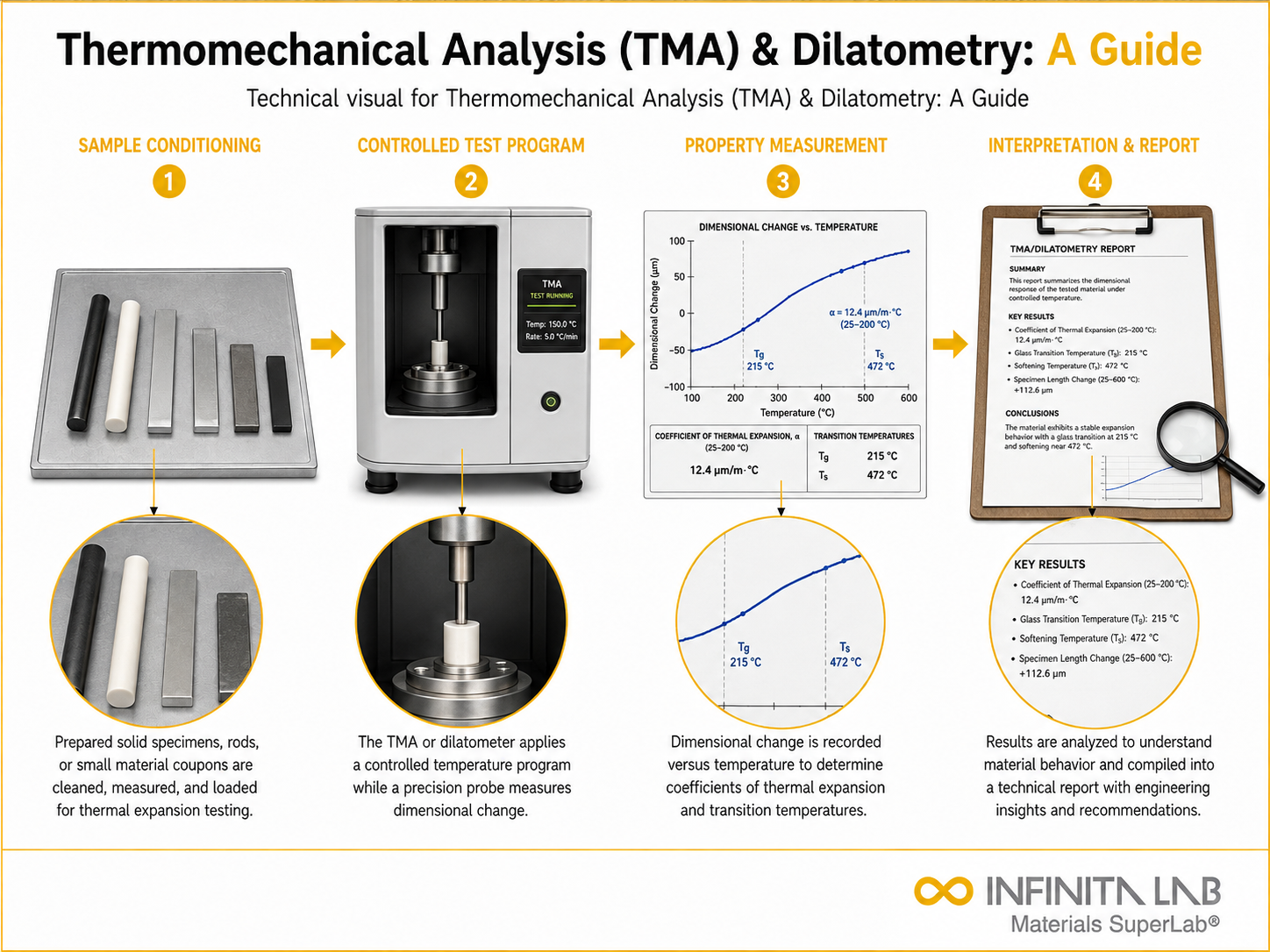 Infinita Engineering Visual showing Thermomechanical Analysis (TMA) & Dilatometry: A Guide thermal / physical property analysis workflow.