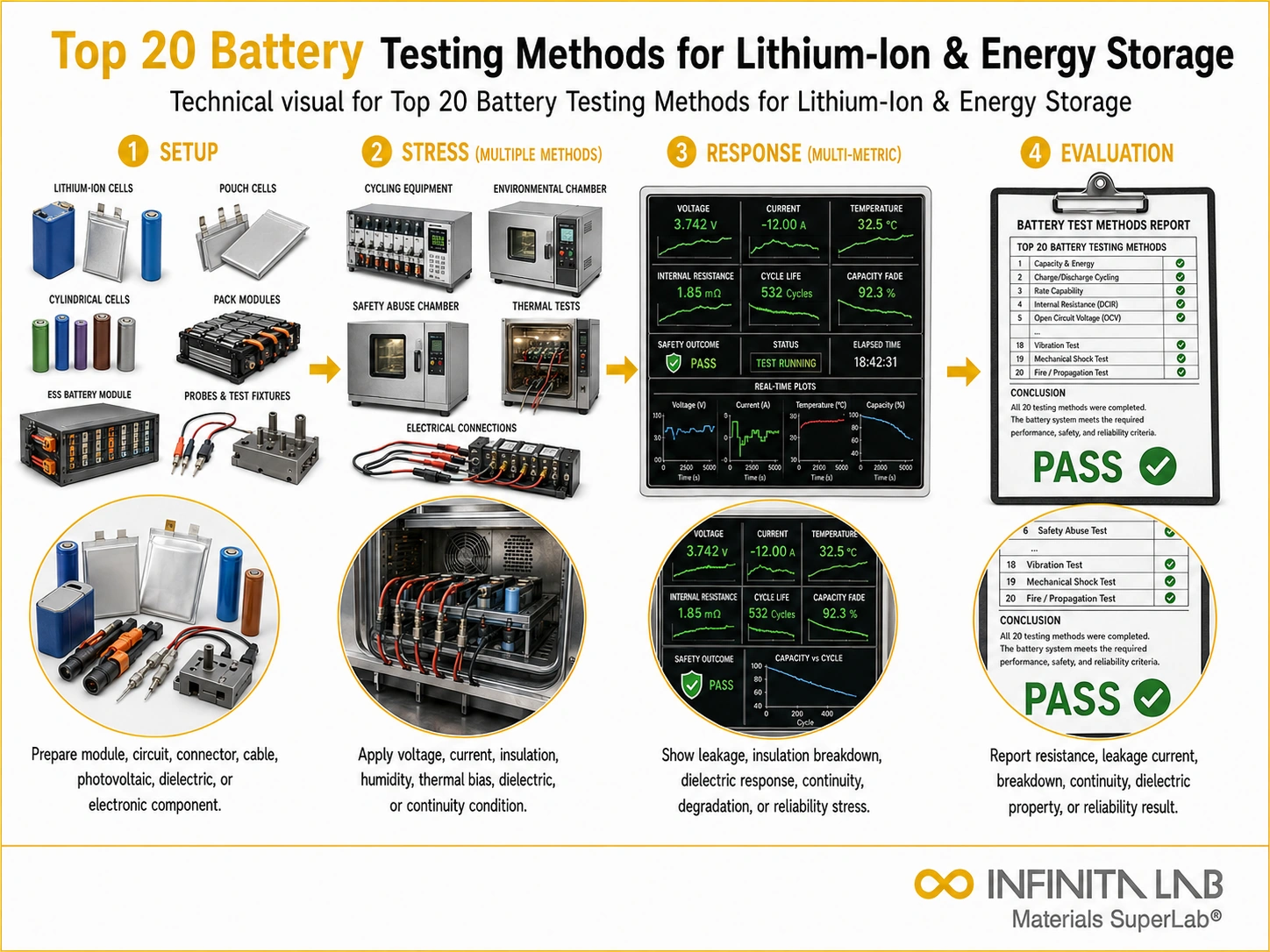 Infinita Engineering Visual showing Top 20 Battery electrical / electronics reliability workflow for top 20 battery testing methods for lithium-ion & energy storage.