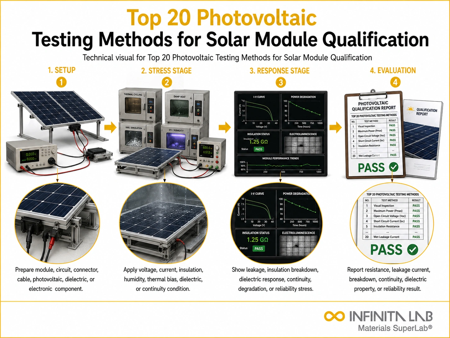 Infinita Engineering Visual showing Top 20 Photovoltaic photovoltaic / module reliability workflow for top 20 photovoltaic testing methods for solar module qualification.